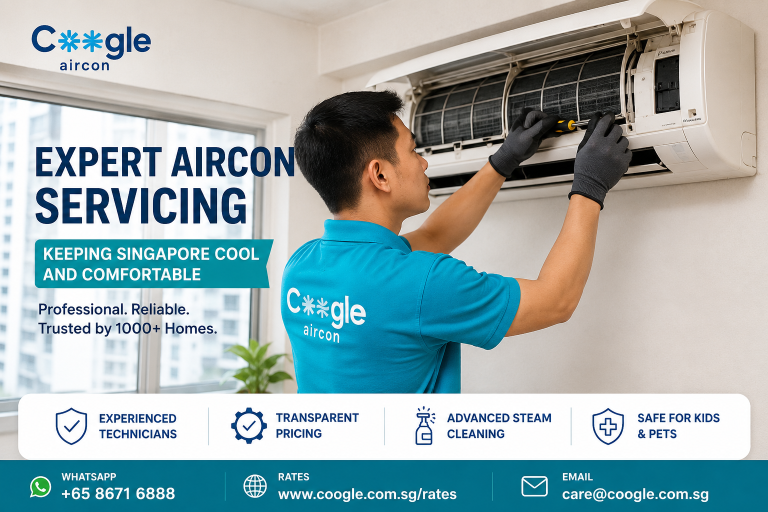 Coogle Aircon technician performing professional aircon servicing on wall-mounted unit in Singapore HDB flat — general service from $50 per unit