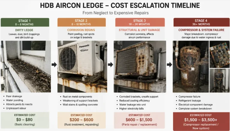 Visual timeline showing the true cost of ignoring pigeons on an HDB aircon ledge in Singapore — from droppings buildup to corrosion to compressor failure