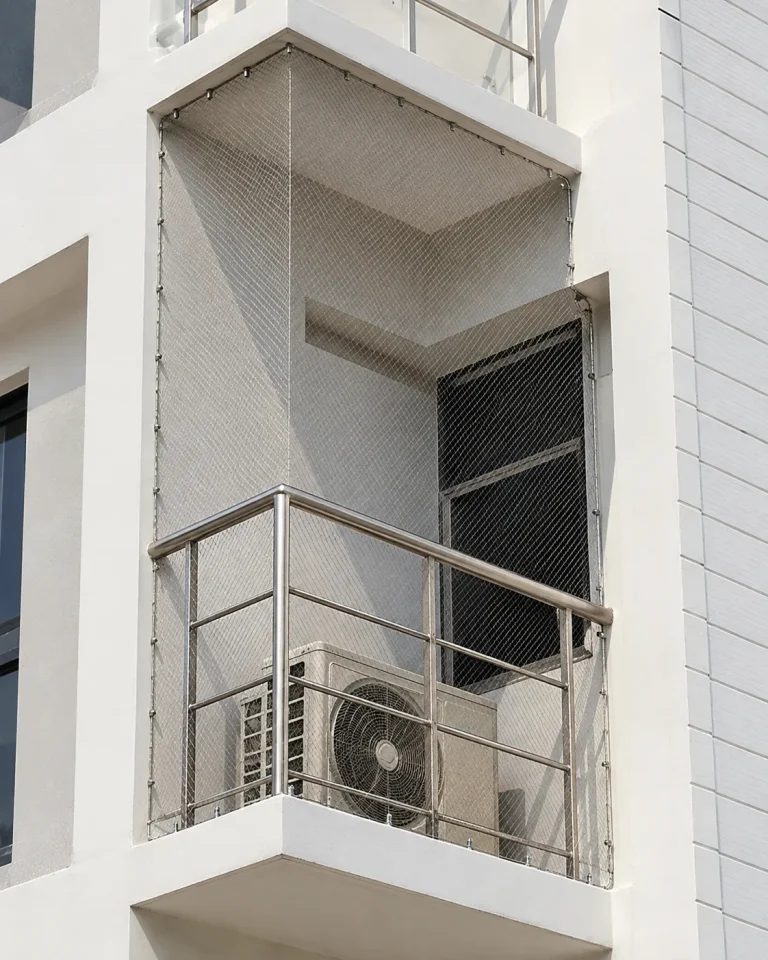 Professionally installed stainless steel bird netting on an HDB aircon ledge in Singapore — complete guide to bird netting for HDB and condo homeowners