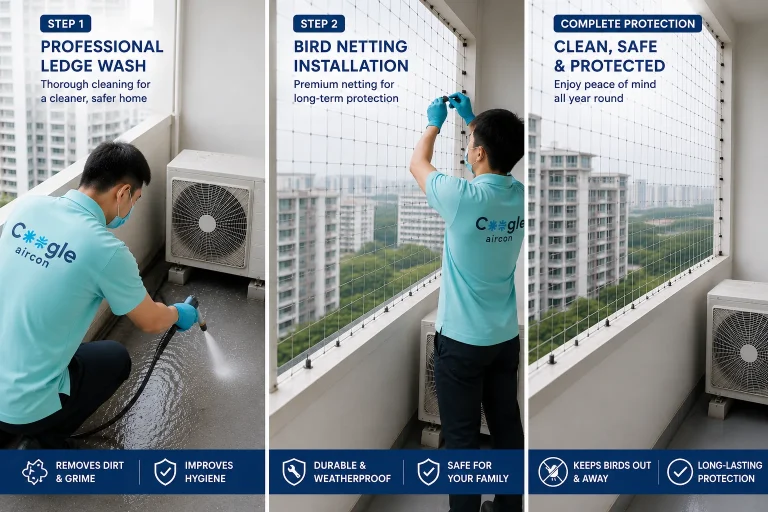 Singapore HDB aircon ledge showing professional cleaning followed by bird netting installation — Coogle Aircon includes complimentary ledge wash with every netting installation