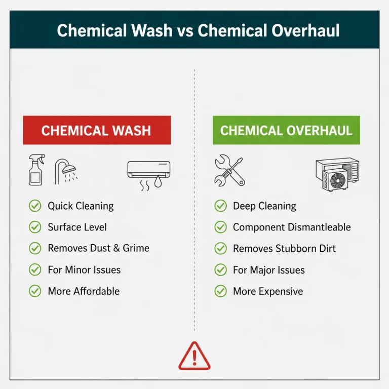 Infographic comparing aircon chemical wash vs chemical overhaul in Singapore — key differences in cleaning depth, process, and when to choose each service