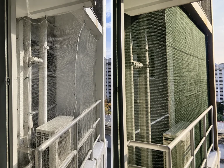 Split image comparing DIY bird netting poorly installed on HDB aircon ledge versus professional netting installation in Singapore — why professional installation is the right choice