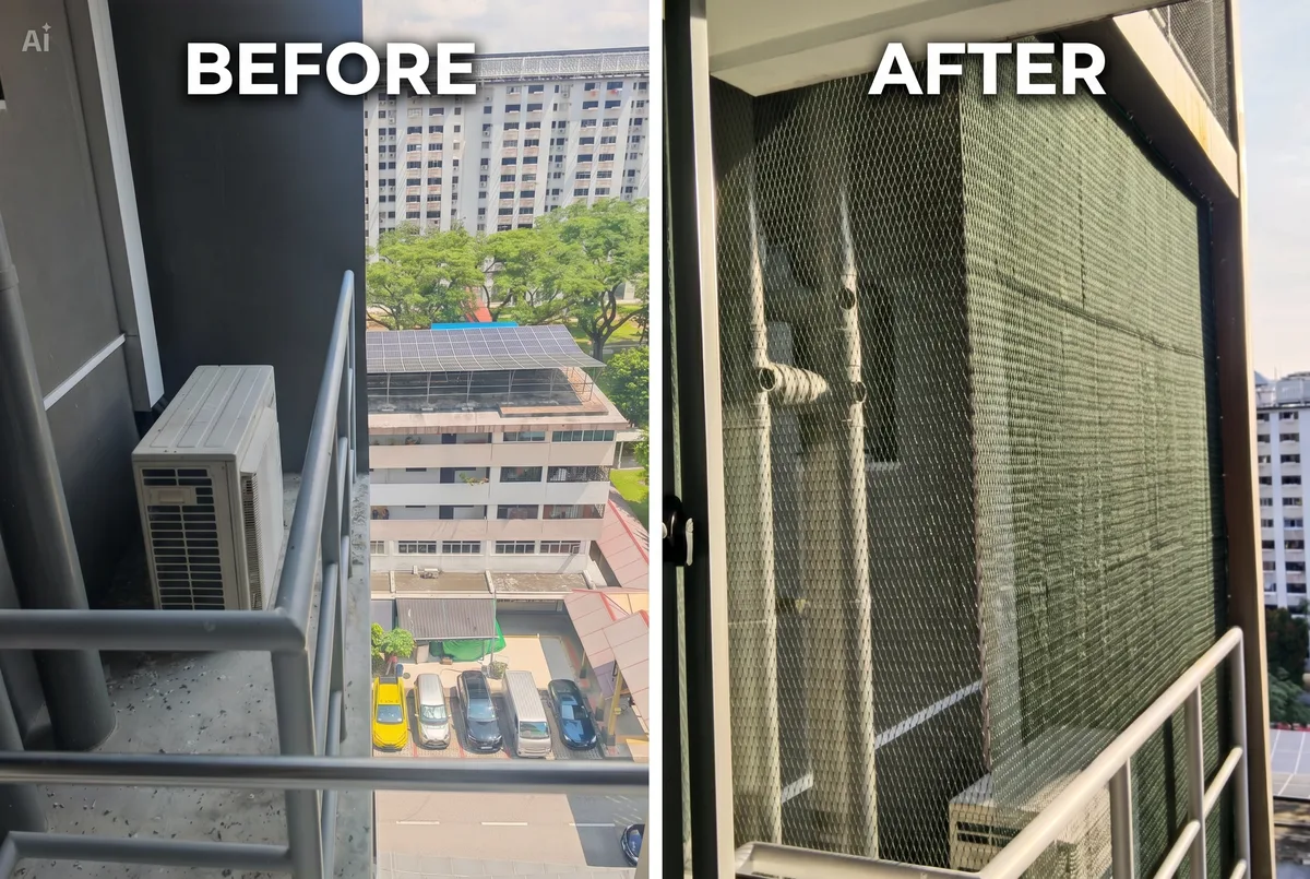 Before and after aircon ledge netting installation Singapore