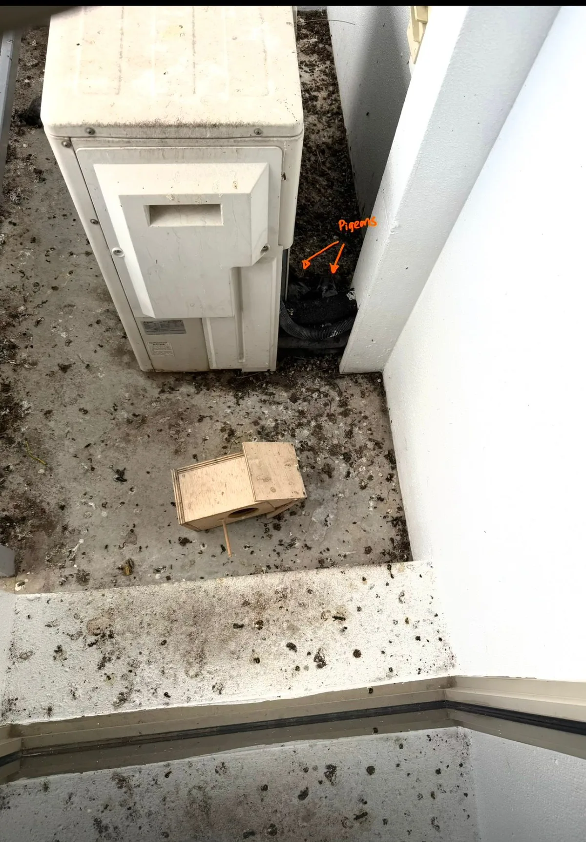 Dirty aircon ledge with pigeon droppings before netting Singapore