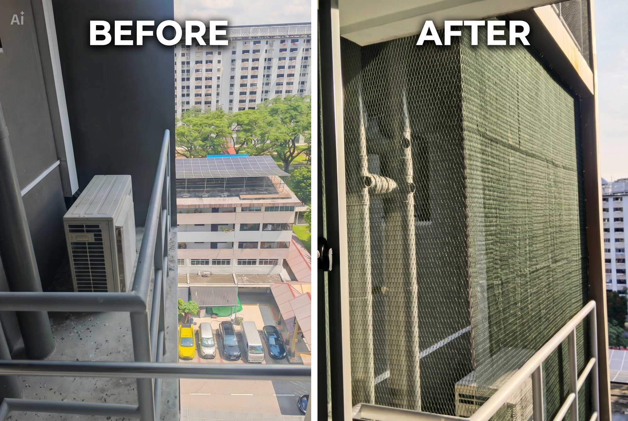 Before and after aircon ledge netting installation in Singapore — unprotected HDB ledge with bird droppings versus professionally installed stainless steel mesh by Coogle Aircon