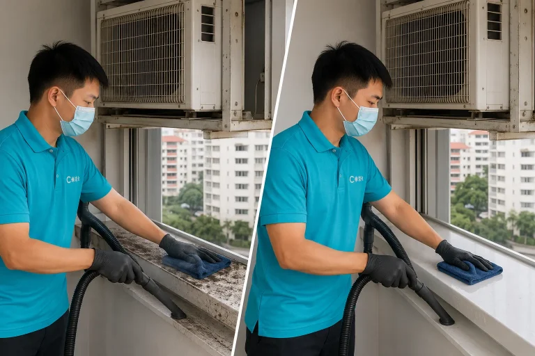 Coogle Aircon technician safely cleaning aircon ledge in Singapore HDB flat