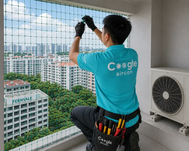 Coogle Aircon technician professionally installing bird netting on HDB aircon ledge in Singapore high-rise flat