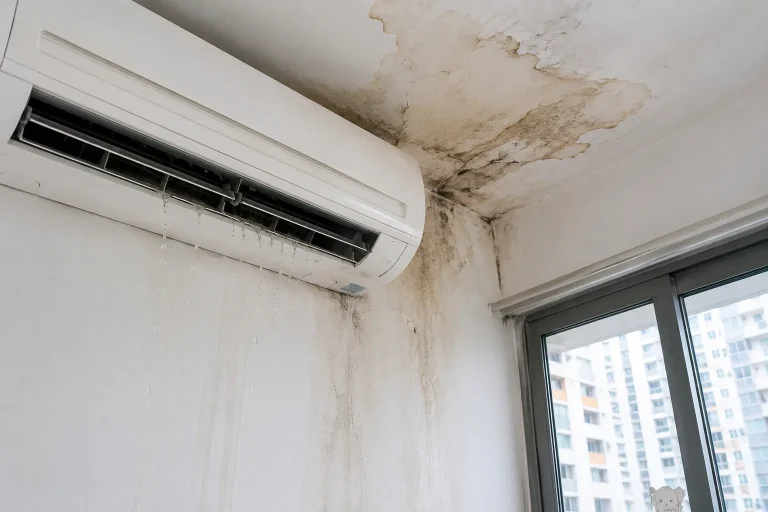 HDB aircon unit leaking water and dripping from the indoor unit in Singapore — causes, fixes, and when to call a technician