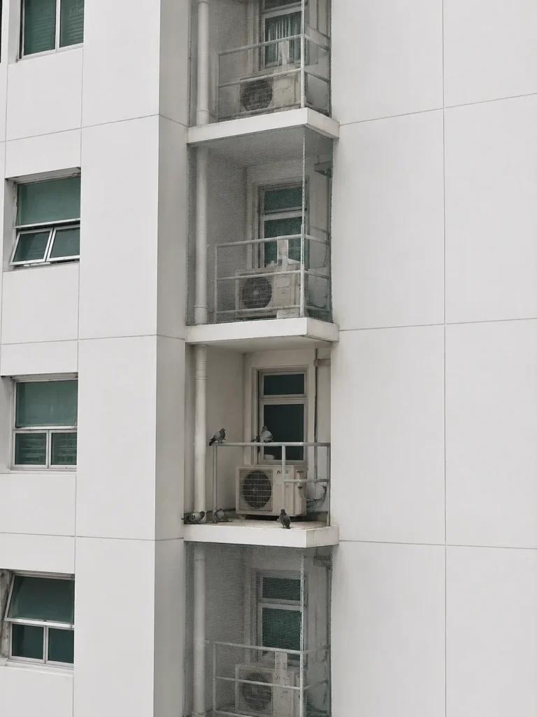 HDB block in Singapore showing multiple aircon ledges with bird netting installed and one unprotected ledge with pigeons landing on it — why neighbouring netting increases your bird risk