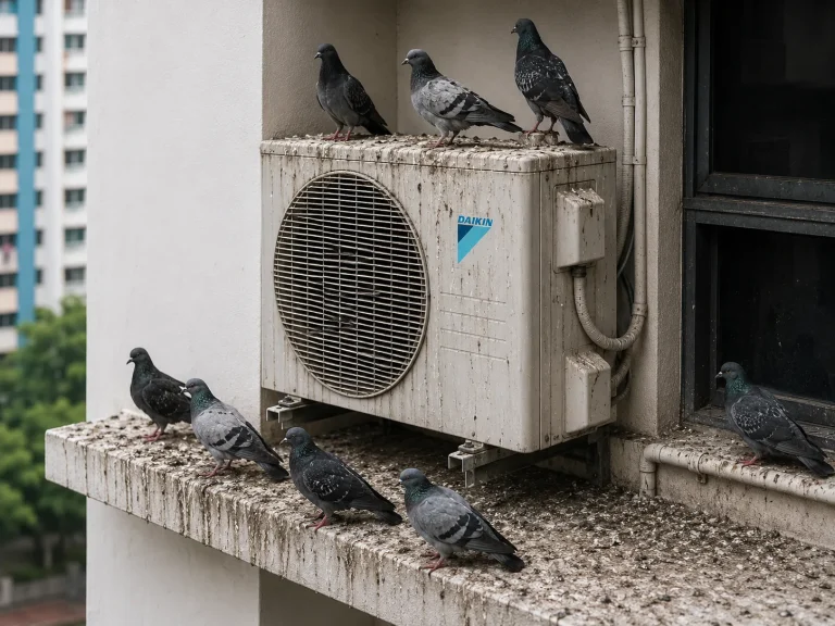 Pigeons roosting on HDB aircon ledge in Singapore with bird droppings accumulating on outdoor condenser unit and copper pipes