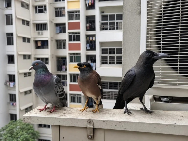 Comparison of pigeons, mynahs, and crows on an HDB aircon ledge in Singapore — identifying which bird causes the most damage