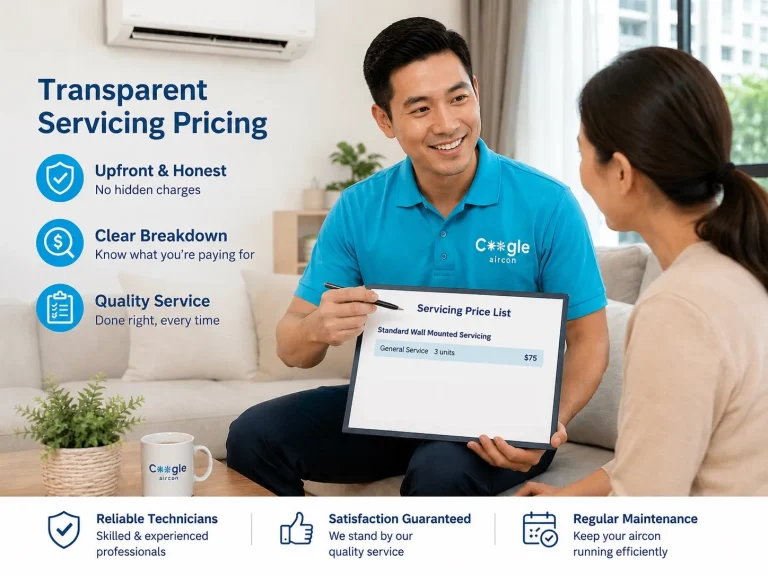 Coogle Aircon technician explaining transparent aircon servicing pricing to a Singapore homeowner in an HDB flat